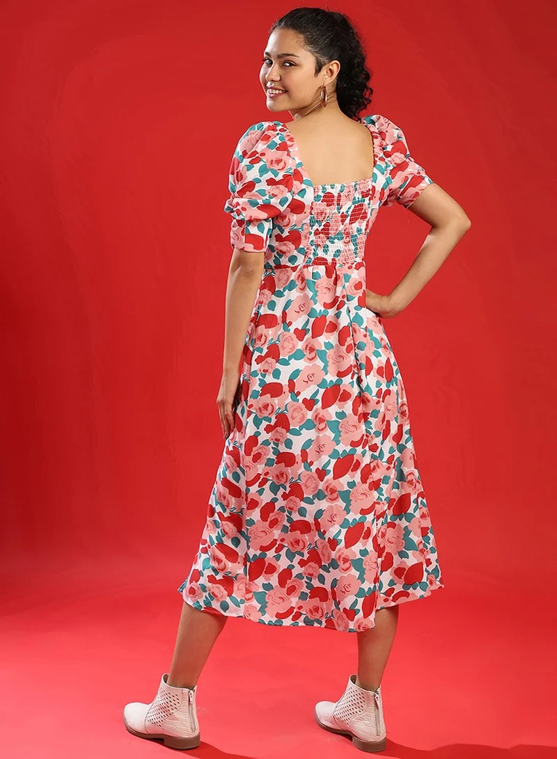 Pinacolada  Women's Printed Multicolour Short Sleeve Midi Length Regular Fit Dress For Casual Wear | Square Neck Dress Crafted With Comfort Fit And High Performance For Everyday Wear for Women | Best Price UAE